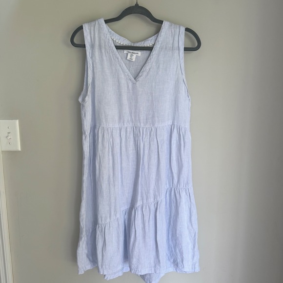 Lucky Brand Dresses & Skirts - Lucky Brand 100% Linen Dress Blue Striped Tiered Skirt V-Neck Sleeveless Beachy